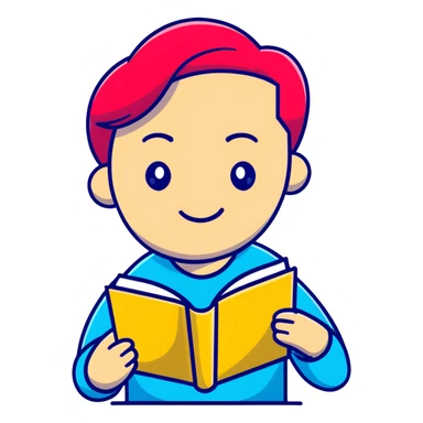 cartoon psychologist character with raised eyebrow, holding a book titled existentialism or life as a project, thoughtful expression, pink red yellow palette sticker