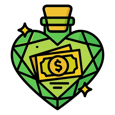 Change the heart-shaped bottle color to a luxurious, rich #c0ff53 green. Add more luxury and golden details while maintaining the diamond effect. Include a money motif inside the bottle. Remove the background. sticker