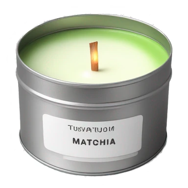 matcha scented candle in a silver tin with a small white label realistic sticker