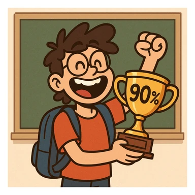 a happy student holding a trophy labeled '90%', standing in front of a chalkboard, cartoon style sticker
