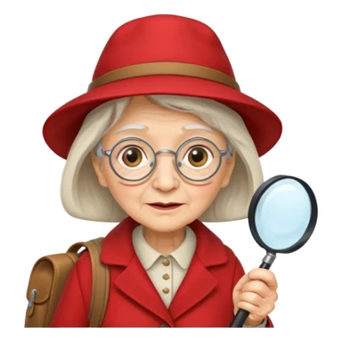 scout old woman with hat, backpack and magnifying glass, red sticker