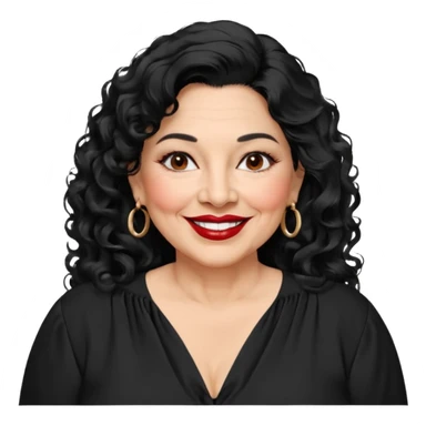 60 yr old Mexican woman, slightly chubby, wavy/curly long black hair, red lipstick, big smile, white teeth, brown eyes, hoop earings, side part to hair, round face, nice blouse, no wrinkle hair side swept, big hoop earing sticker