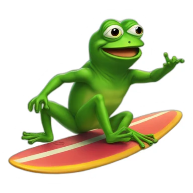 Pepe the frog surfing on a bitcoin sticker