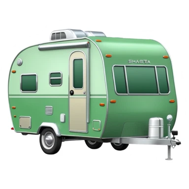 Shasta travel trailer, single wheel axle, colored all green, the same green shade as movie trailer green preview card, light grey tires and grey hitch sticker