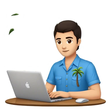A digital nomad in bali working on a laptop wearing a tropical blue shirt with a palm tree on the side sticker