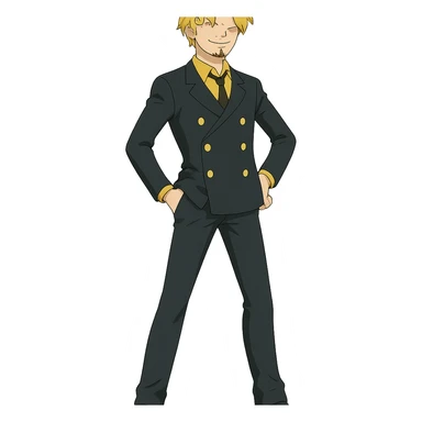 full body Sanji from One Piece, anime style, iconic curly eyebrow, blond hair, wearing black suit, confident pose sticker