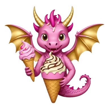 A dragon with its shiny glittered wings in pink tones and pink and gold legs, eats vanilla and chocolate ice cream sticker