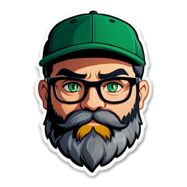 A bold man with a grey baseball cap, green eyes, big beard and glasses holding a black cat sticker