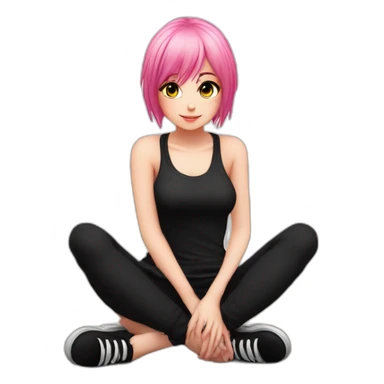 Full body Front view curvy emo girl pink hair sits on the floor straight view hands up black skirt белые трусики полосатые рваные чулки sticker
