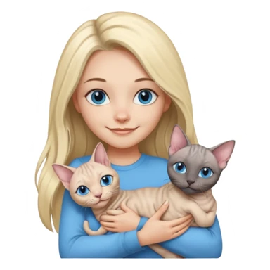 girl with long split-dye hair half blonde half black and blue eyes smiling with two grey sphynx cats in her arms emoji style sticker