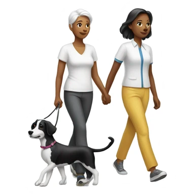 2 ladies walking a black and white dog sticker