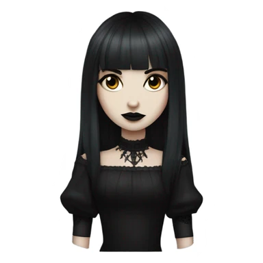 portrait one single goth women with pure white skin, dark hair, long hair, short bangs, dark makeup, gothic detailed dress bell arms  sticker