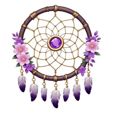 A white Dreamcatcher with purple-round-orb-stones, gold-ring-accents, purple tint flowers, pink sakura flowers, sticker