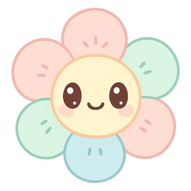 a kawaii plush flower, chubby petals, embroidered details, and a happy face sticker