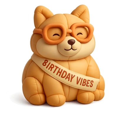 Shiba Inu wearing a "Birthday Vibes" sash and glasses, cushion style, transparent background sticker