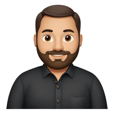 Very stocky businessman in his 40s with light brown skin, pear-shaped face, full cheeks, warm friendly smile, kind welcoming eyes, thick eyebrows, wide nose, short full beard, short dark hair, wearing a black button-up shirt sticker