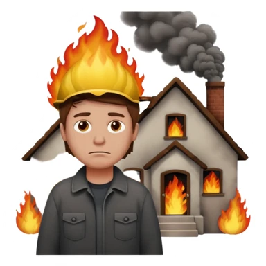 sad man standing with a house on fire behind him, more smoke, apple style emoji sticker