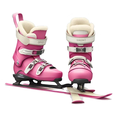 Pink ski boots and cream standing skis behind boots sticker