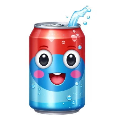 Cute Kawaii Soda Can, bubbly and vibrant, bright red and blue stripes, playful fizz popping around, a chubby happy face with wide sparkling eyes, energetic and refreshing! sticker