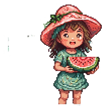 cheerful child in a big sun hat biting into a slice of watermelon by a sparkling river water splashing summer vibes pixel art style sticker