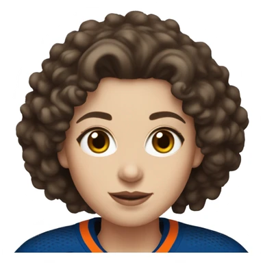 white woman with dark brown curly hair wearing an Edmonton oilers jersey sticker