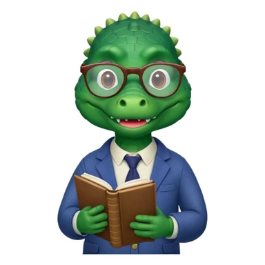 A claymation-style academic alligator. The background is a solid white circle sticker