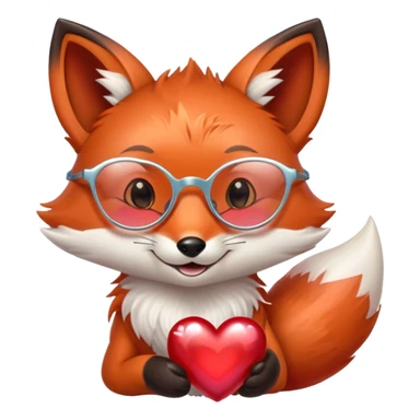 A dreamy fox with iridescent fur, a glowing tail, a silver star on its forehead, and round glasses, hugging a big red heart and smiling warmly sticker