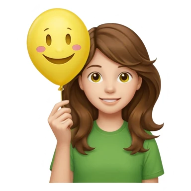 Teen girl wavy brown hair, green shirt, with smiley-face balloon sticker