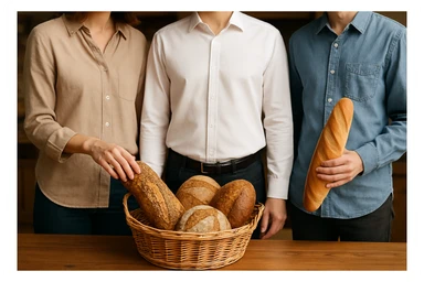 сгенерируй 1 в 1 как на картинке, но убери хлеб из руки человека в белой рубашке, убери руку вниз параллельно телу sticker