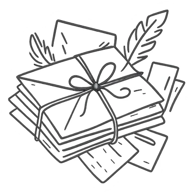 Стопка старинных писем в стиле дудлинг — конверты перевязаны шнуром или ленточкой, некоторые слегка приоткрыты, из них выглядывают пергаменты, карточки, перья sticker