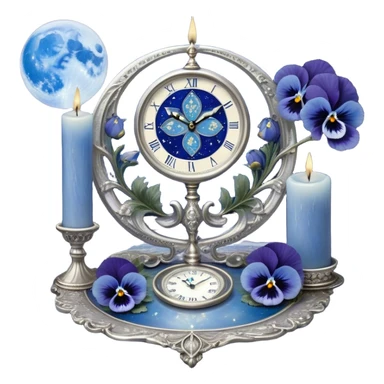 An enchanting, mystical setting where blue pansies, tinged with streaks of light blue, bloom beneath a radiant silver crescent moon. A pearl-colored candle stands on an ornate silver plate, its wax melting into swirling patterns resembling planetary orbits. The background features an astrological clock, its delicate hands tracing cosmic cycles as faint zodiac constellations shimmer against a twilight sky. Floating celestial charts inscribed with ancient symbols weave through the air, illuminated by the soft blue glow of distant stars. A mystical aura surrounds the scene, as if whispering secrets of destiny and the universe’s grand design. sticker