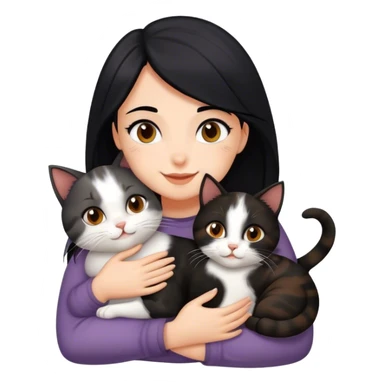 happy girl with black hair hugging three cats  (dark calico cat, gray cat, brown calico cat) sticker