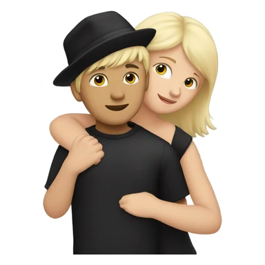 girl with blonde hair hugging boy with black hair and a black hat sticker