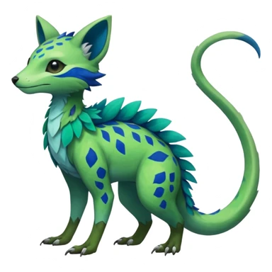  Greenish beautiful handsome gorgeous aesthetic colorful vibrant Vernid-Trico-species-Fakemon-creature by LiLaiRa, 4 legs, 1 tail, random markings, (full body) sticker