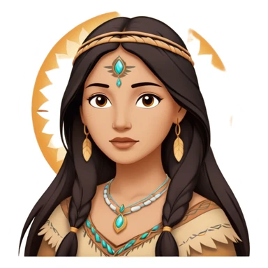 Cinematic Radiant Pocahontas Portrait Emoji, rendered in a vector-style with clean lines. Show Pocahontas with luminous, sun-kissed skin and flowing dark hair adorned with subtle natural ornaments, her expression calm and kind, dressed in simple traditional attire with earthy tones. The image glows softly with a warm, inviting radiance, enhanced by a soft glowing outline. sticker