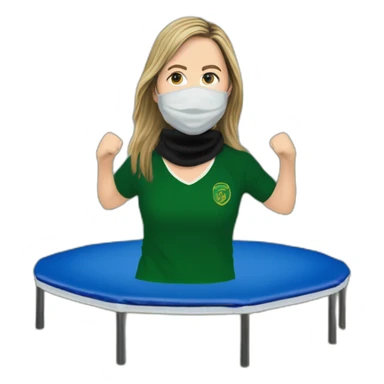 Victoria Coren-Mitchell on a trampoline with the Real IRA Gerry Adams balaclava party sticker