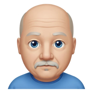 75, goatee, bald, grey side hair, chubby, blue eyes, chin hair sticker