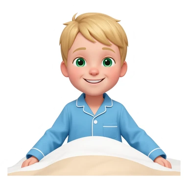 Use the same 3 year old blonde boy with green-blueish eyes same as before  happy with plain blue pajamas making his bed sticker