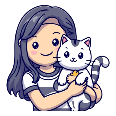 smiling girl with long hair holding a cat with silver stripes sticker