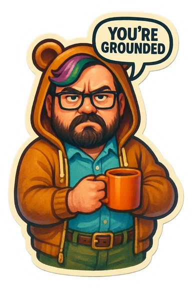 A realism art illustration art style of a plus-sizes man with purple to green ombre streak, black beard, blue eye, glasses, wearing a bear hoodie with ears,  dressed like a dad, holding a coffee mug, You’re grounded speech bubble, frowning  sticker