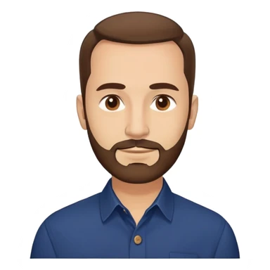 Man in his mid-50s with light skin tone. Round face with broad cheekbones. Lively brown eyes, prominent eyebrows. Full brown hair with minimal recession at temples. Brown beard covering jaw and chin. Slight smile. Wearing a navy button-down shirt. sticker