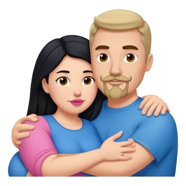 Tall strong white man with brown mustache goatee wearing blue hugging a chubby short pale woman with long black hair wearing pink sticker