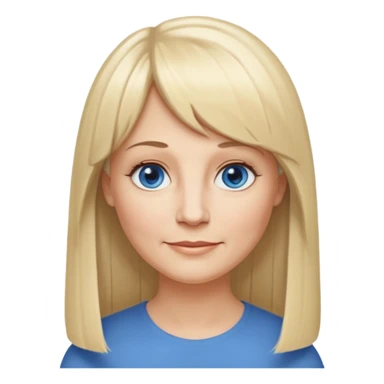 50 yr old white woman, hippe part bangs, very long straight blond hair, oval face, small smile, blue eyes, thin face, hair downback, hair parted at center of head, round cheeks, pale, longer hair sticker