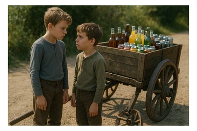 Bir g'ildiragi singan ichimliklar ortilgan arava uning yonida aka uka bir biriga havotirli nigoh bilan qarab turibdi realistik uslubda sticker