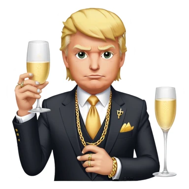 Donald Trump in a sharp suit, but with exaggerated gold chains, flashy rings, and bold face tattoos. Holding a champagne glass, smirking confidently, with a chaotic, edgy vibe. sticker
