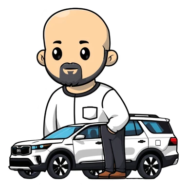 bald man with beard standing next to a white Kia Mohave SUV sticker