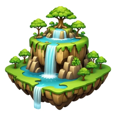a 2d smooth not too dertailed cartoon floating island emoji with waterffalls of the sides sticker
