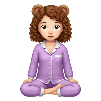 Grown up Woman with brown eyes, brown curly hair, white skin, full body in cute pijama bear sticker