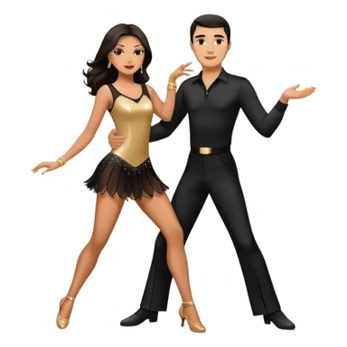 Photorealistic dancesport professional latin couple dancing the samba at the competition dancefloor, the women is in skinny short sparkly dress, the man is in black shirt and black classic pants, the women has brown long hair, the man has short black hair  sticker