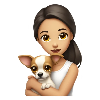 A girl with long, dark brown hair, big brown eyes, and very big lips. She is wearing a white singlet top and holding a small chihuahua in her arms that is a solid light yellow colour with no markings sticker